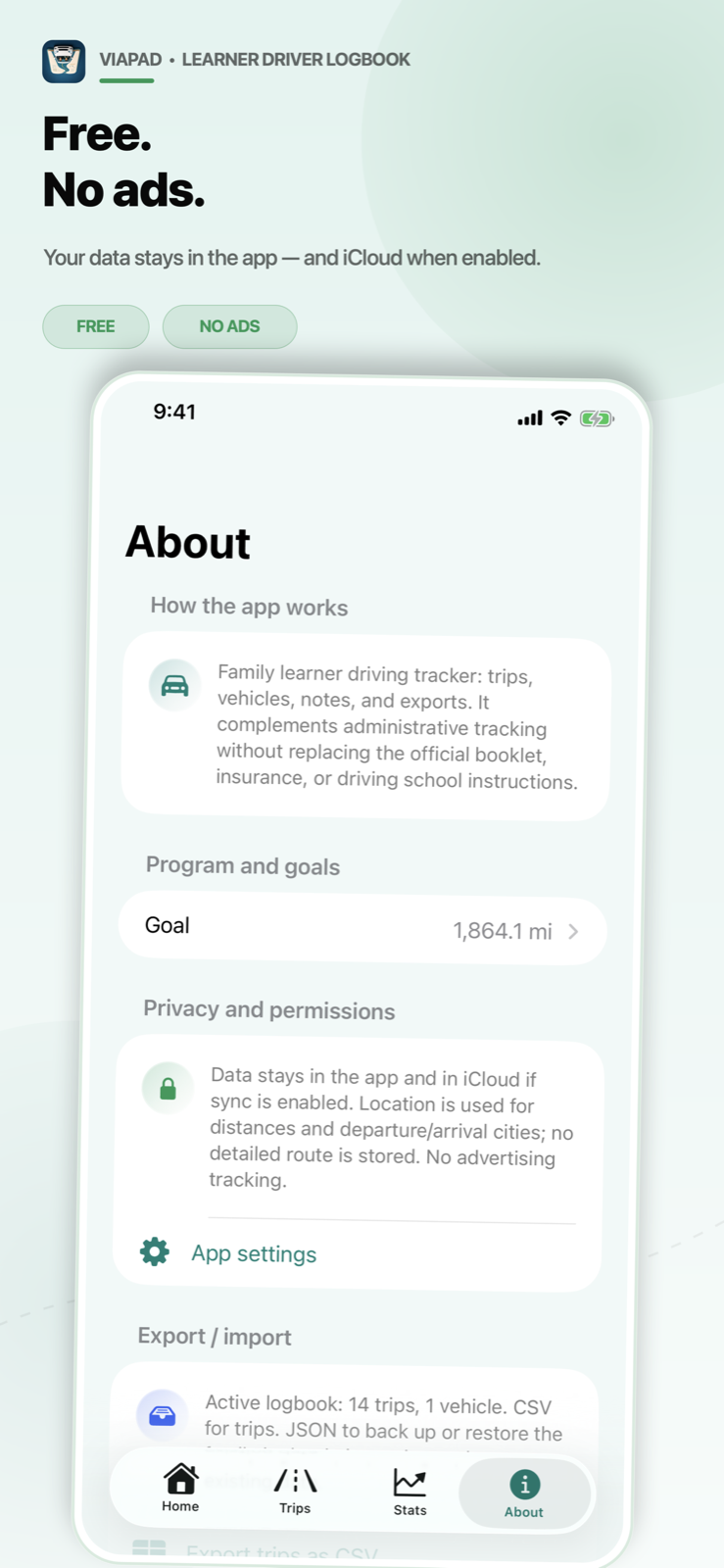 ViaPad About screen showing free, no ads, privacy and exports.