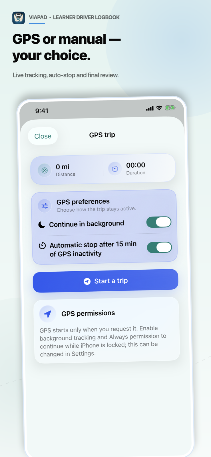 ViaPad GPS screen with live tracking, background mode and automatic stop.