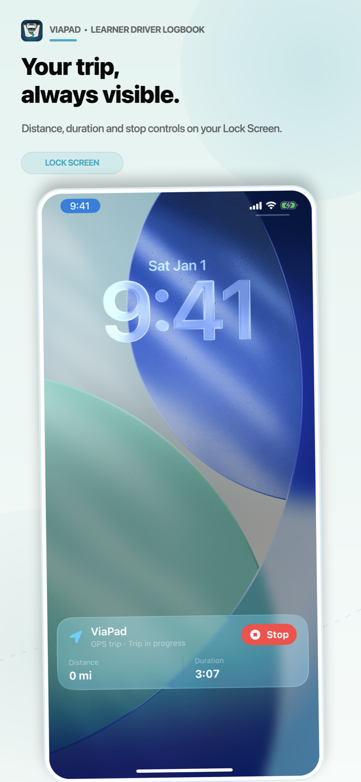 ViaPad Live Activity on the Lock Screen with distance, duration and stop control.