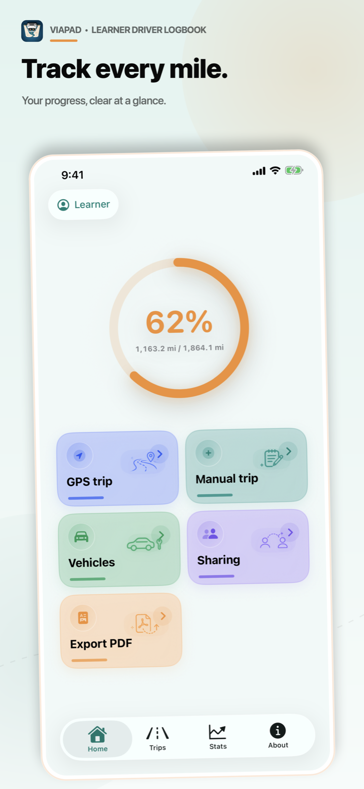 ViaPad Home with progress and quick actions.