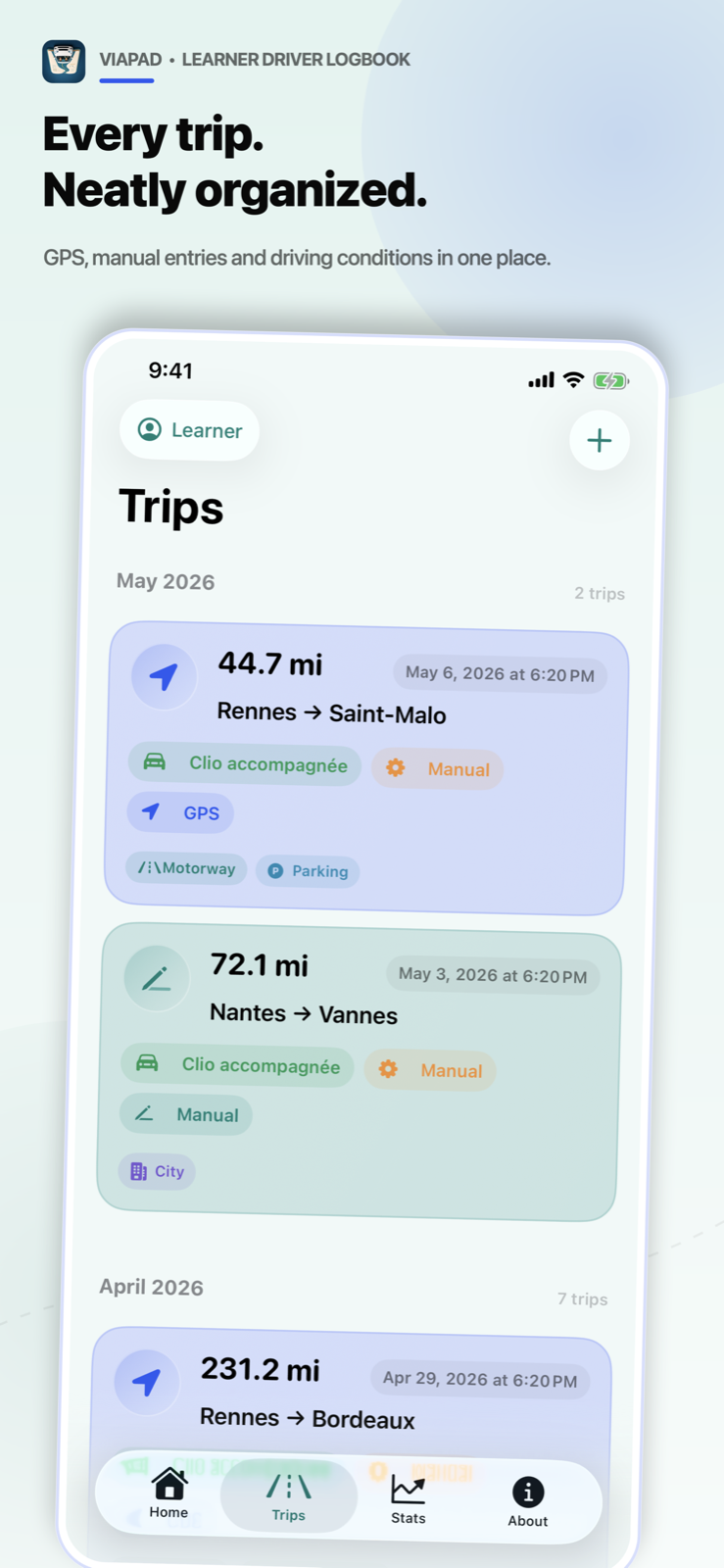 ViaPad trips organized by month.