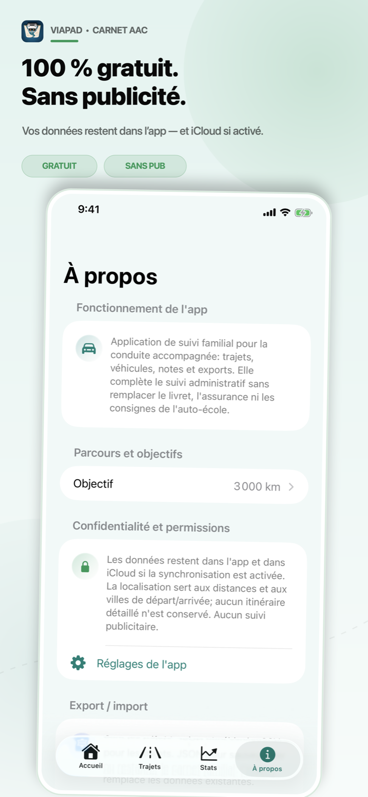 Écran À propos ViaPad indiquant gratuité, absence de publicité, confidentialité et exports.