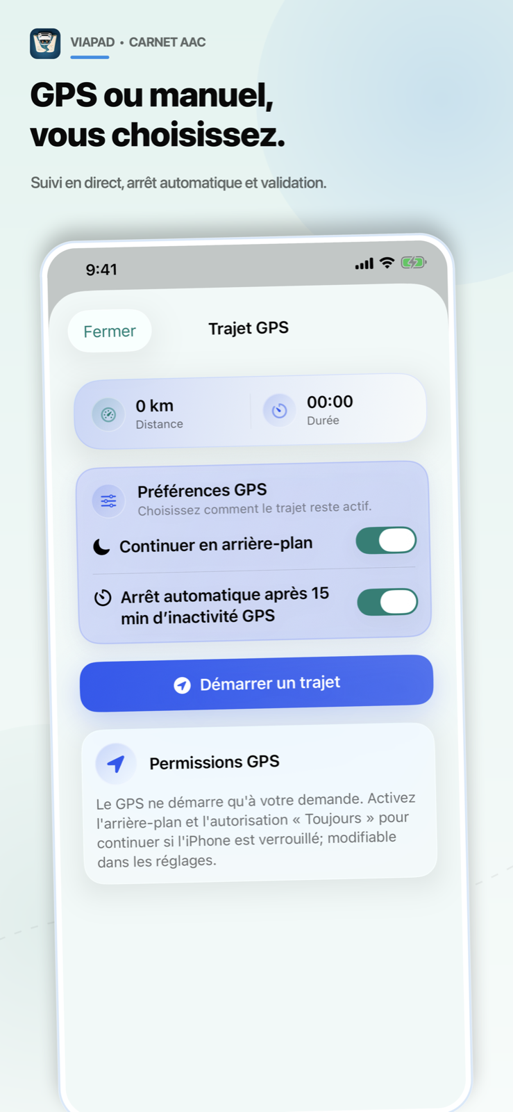 Écran GPS ViaPad avec suivi en direct, arrière-plan et arrêt automatique.