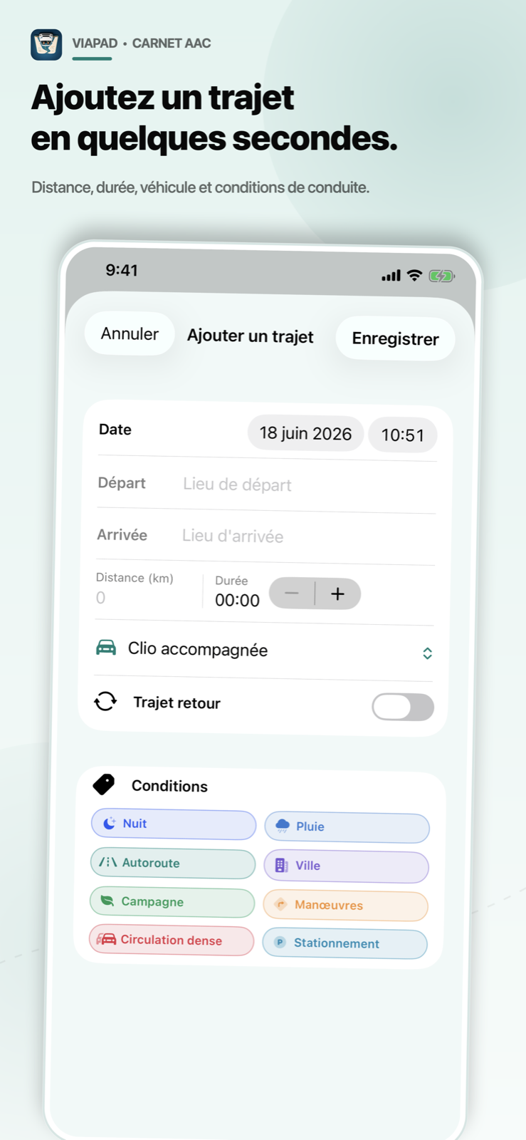Saisie manuelle ViaPad avec distance, durée, véhicule et conditions.